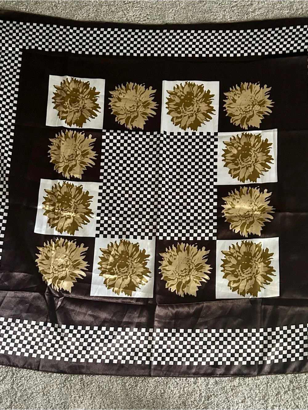 Checkerboard Floral Satin Scarf in Black and Gold